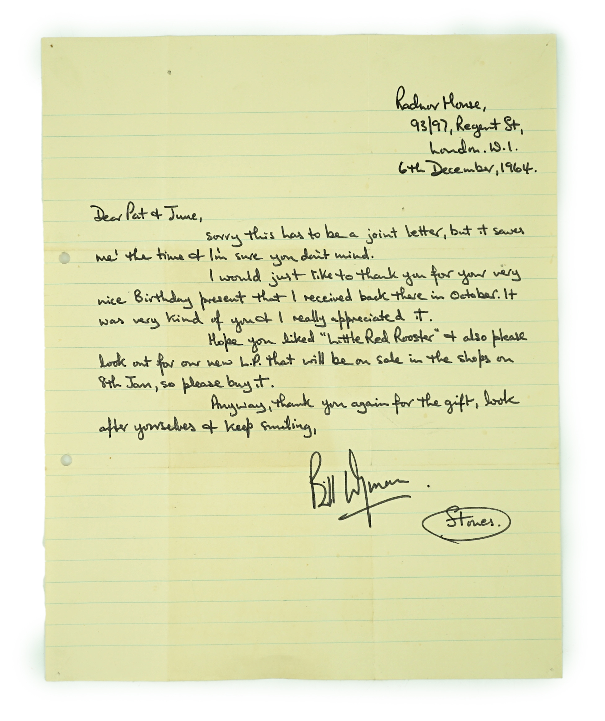 Rolling Stones interest; a hand written letter by Bill Wyman, dated 6th December 1964, together with the original envelope (also in Bill Wyman’s hand) postmarked 7 Dec 1964, sent from Radnor House (which housed the offic